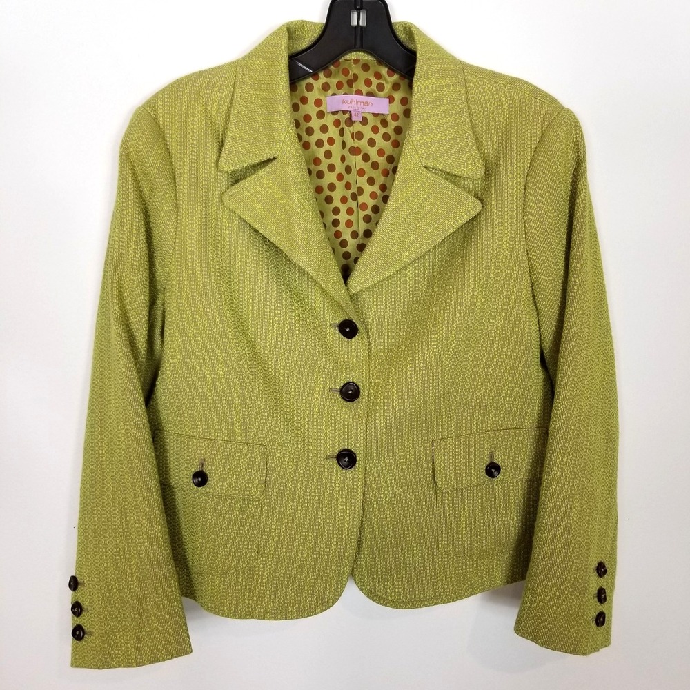 Kuhlman Women Tweed Blazer Jacket Sz 42 Cotton Linen Yellow Button Up Pockets